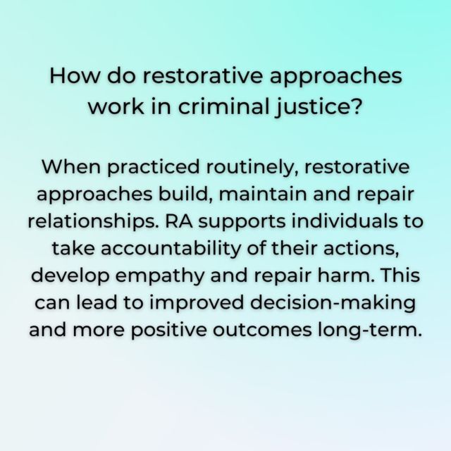 Restorative approaches in criminal justice are not just about restorative justice meetings. The more time we put into prevention of harm through restorative approaches day-to-day, the less time we will need to respond with intervention. 

#restorativeapproaches  #criminaljustice